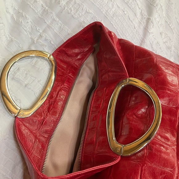 TOTE/CLUTCH bag, ITALY LEATHER alligator embossed, raspberry - Picture 8 of 14